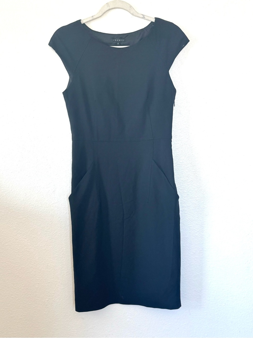 Theory Wool Blend Cap Sleeve Sheath Dress Pockets Black LBD 4 - Picture 2 of 11